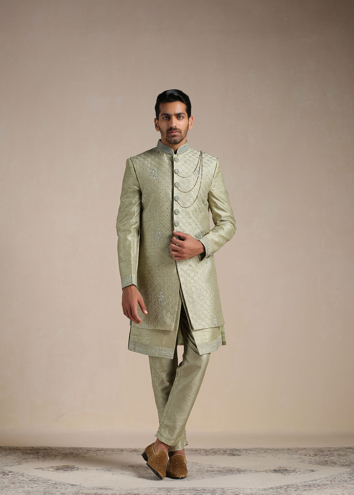 Lime Cream Green Self Embroidered Indo Western Set image number 1